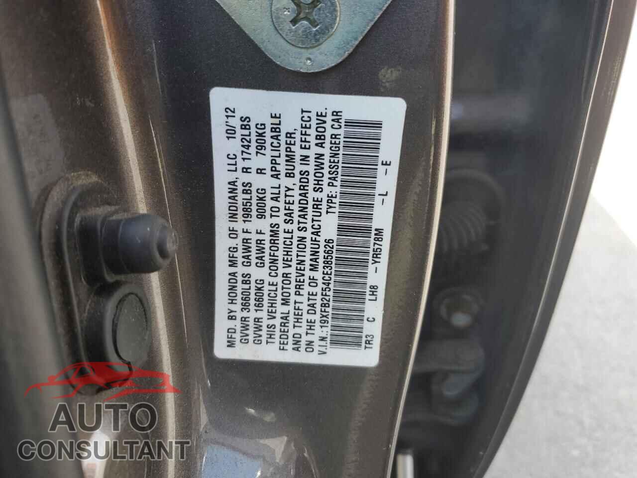 HONDA CIVIC 2012 - 19XFB2F54CE385626