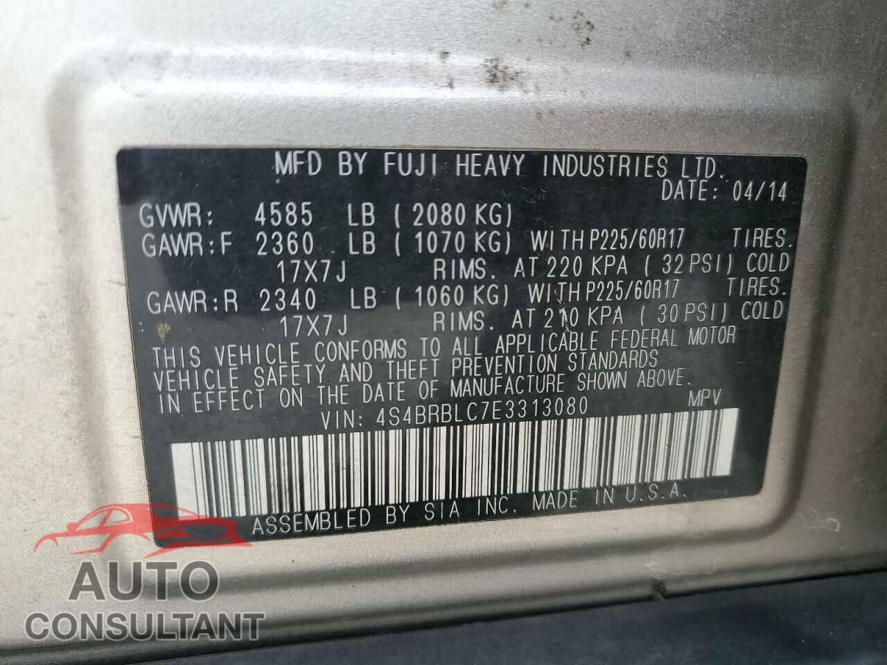 SUBARU OUTBACK 2014 - 4S4BRBLC7E3313080