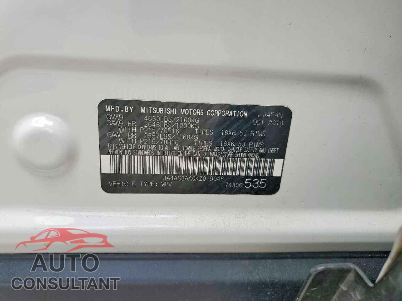 MITSUBISHI ECLIPSE 2019 - JA4AS3AA0KZ019048