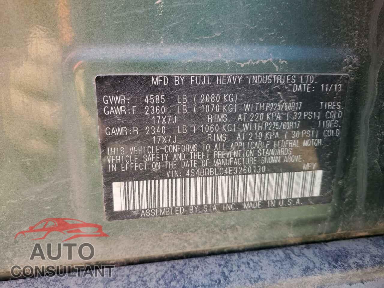 SUBARU OUTBACK 2014 - 4S4BRBLC4E3260130