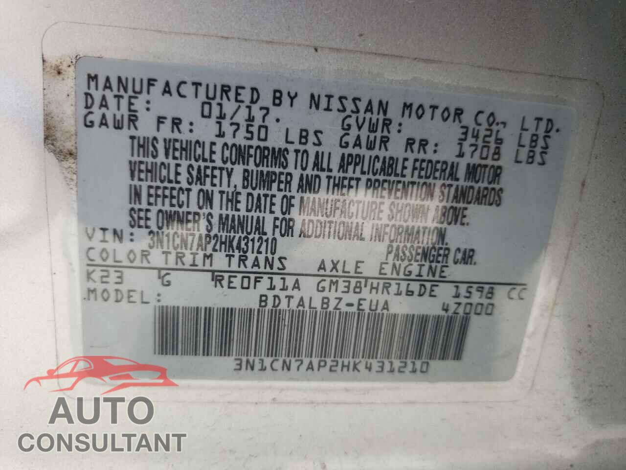 NISSAN VERSA 2017 - 3N1CN7AP2HK431210