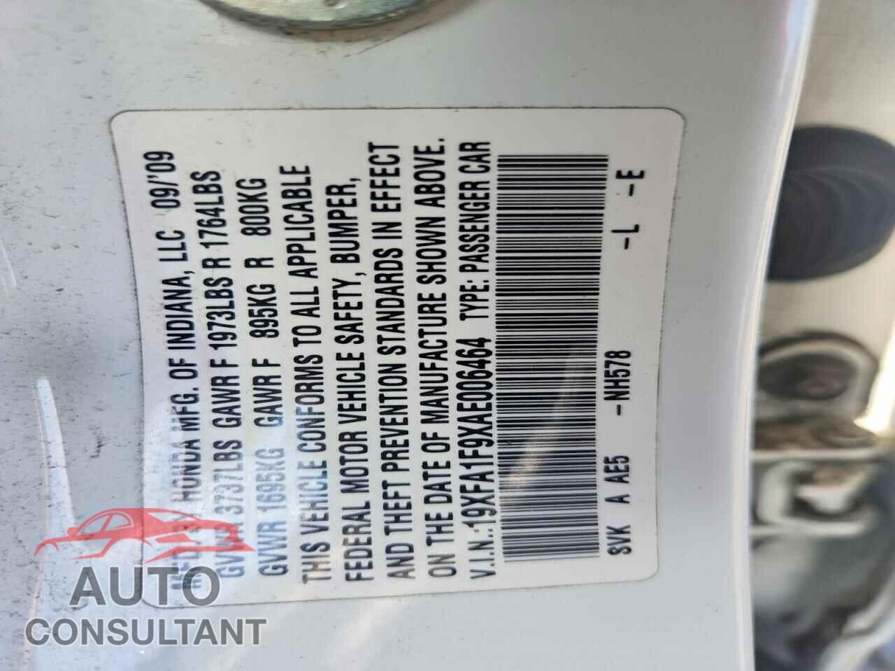 HONDA CIVIC 2010 - 19XFA1F9XAE006464