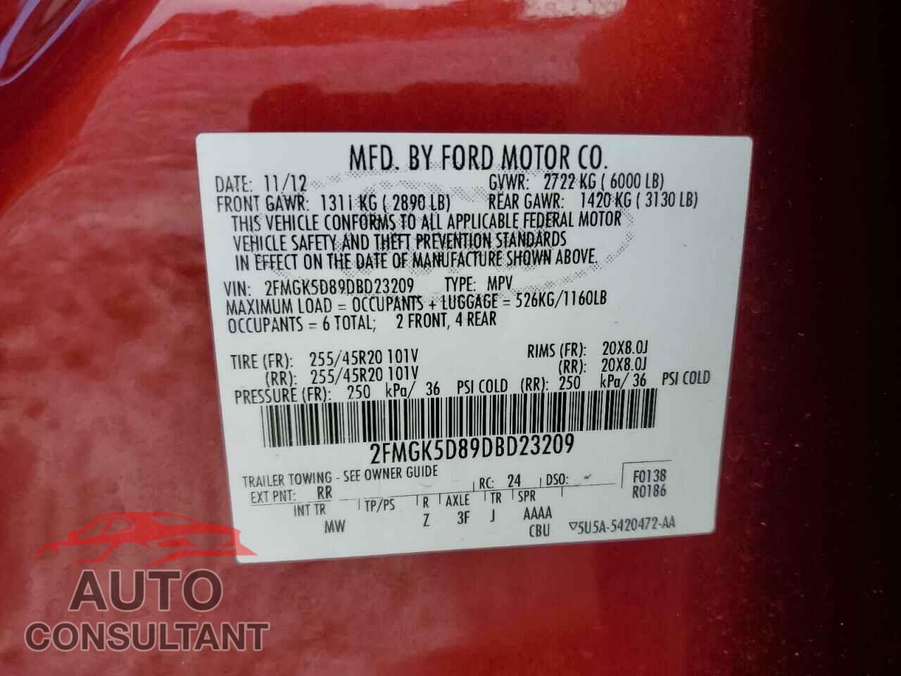 FORD FLEX 2013 - 2FMGK5D89DBD23209