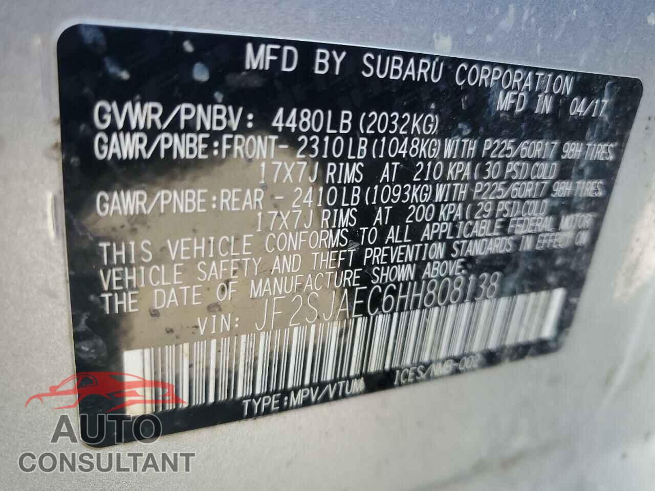 SUBARU FORESTER 2017 - JF2SJAEC6HH808138