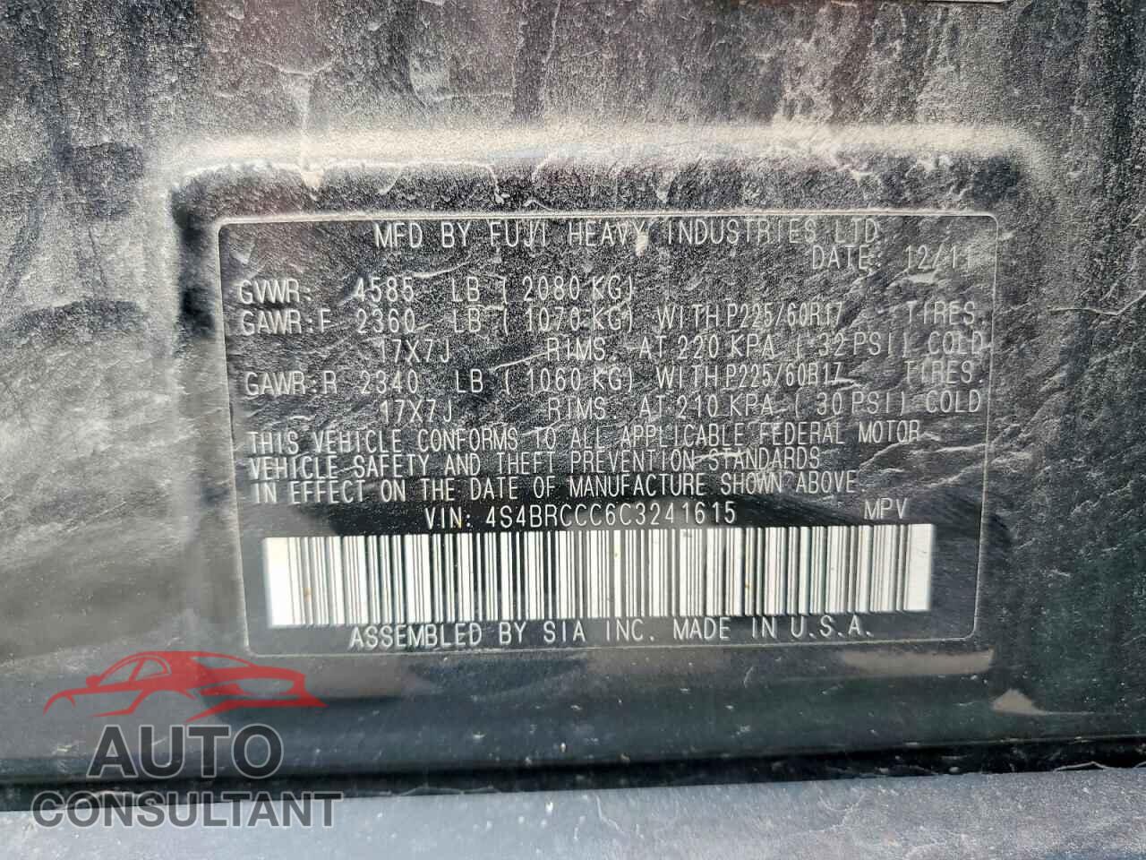 SUBARU OUTBACK 2012 - 4S4BRCCC6C3241615