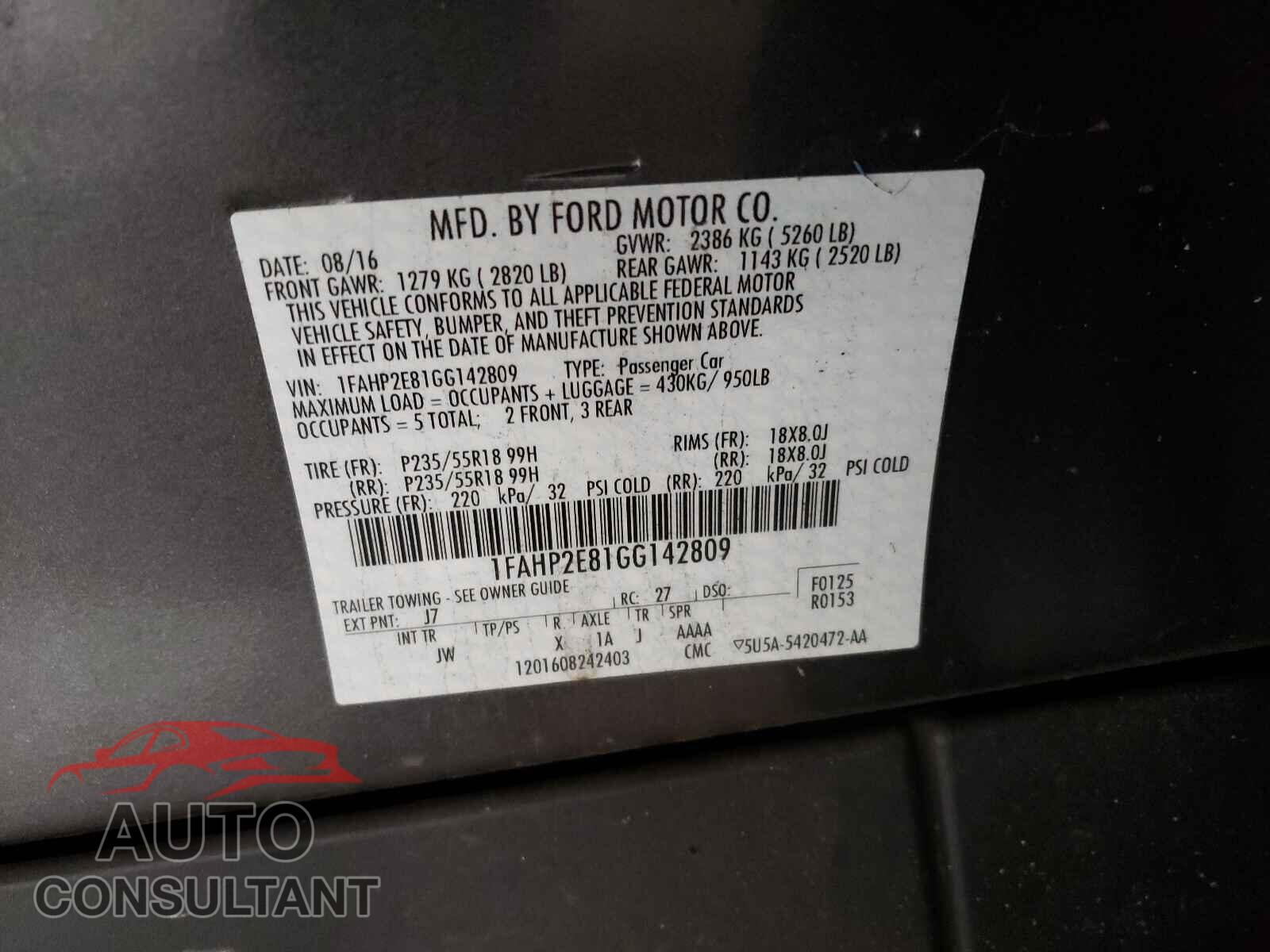 FORD TAURUS 2016 - 1FAHP2E81GG142809