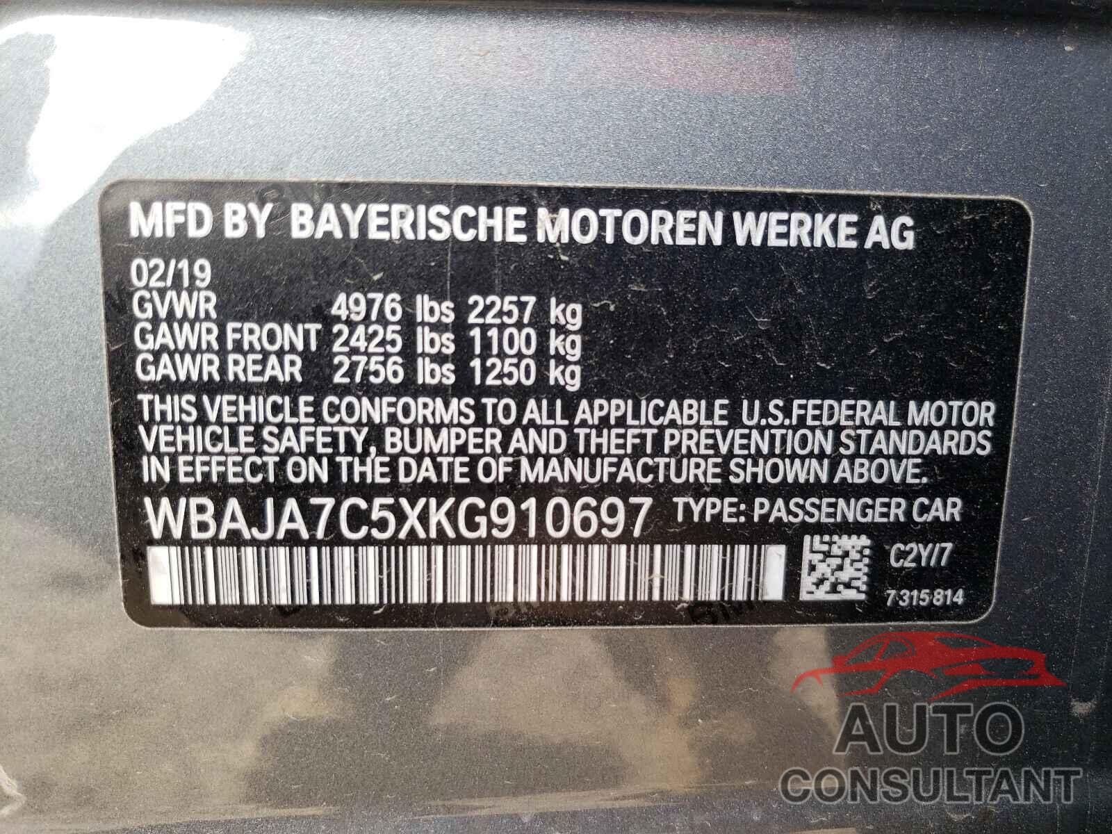 BMW 5 SERIES 2019 - WBAJA7C5XKG910697