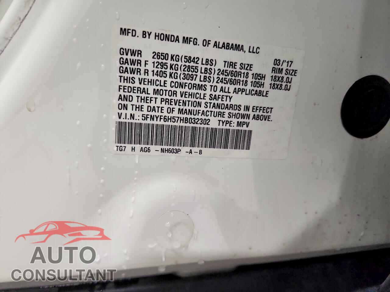 HONDA PILOT 2017 - 5FNYF6H57HB032302
