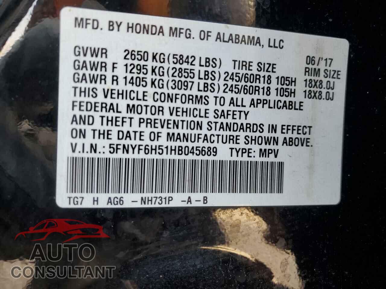 HONDA PILOT 2017 - 5FNYF6H51HB045689