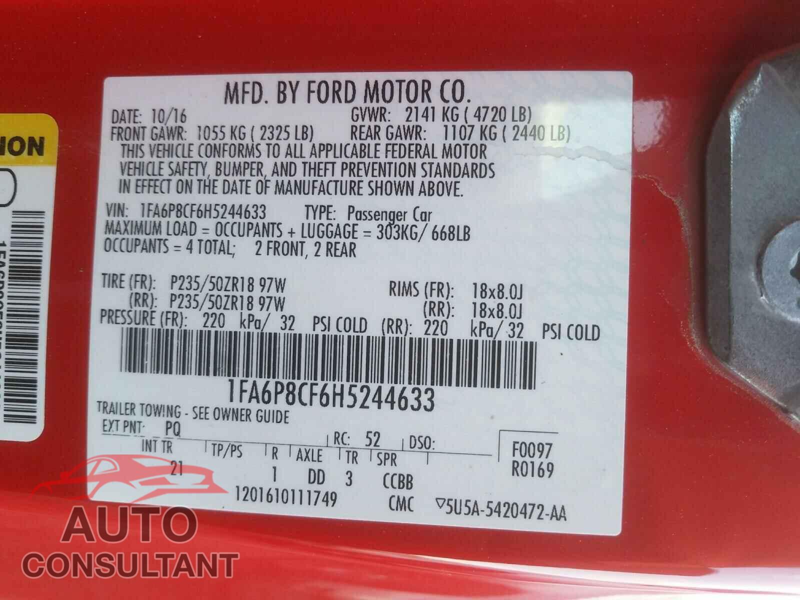 FORD MUSTANG 2017 - 1FA6P8CF6H5244633