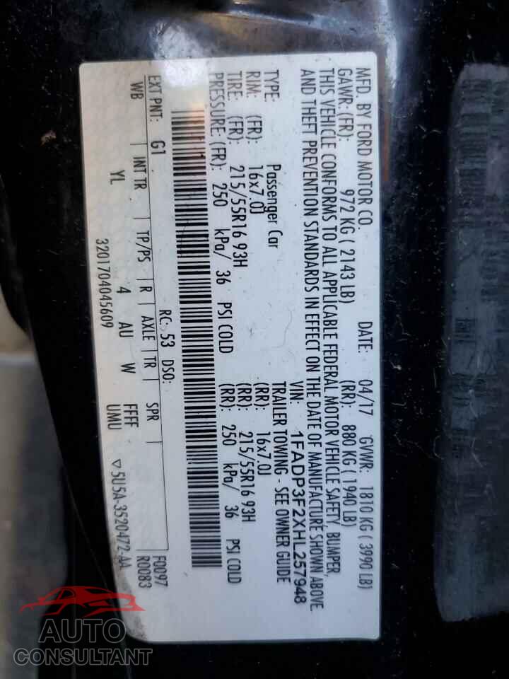 FORD FOCUS 2017 - 1FADP3F2XHL257948