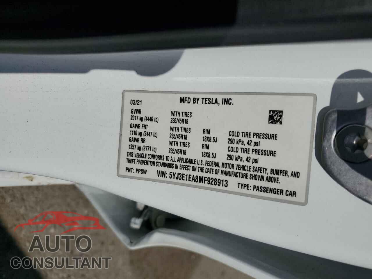 TESLA MODEL 3 2021 - 5YJ3E1EA8MF928913