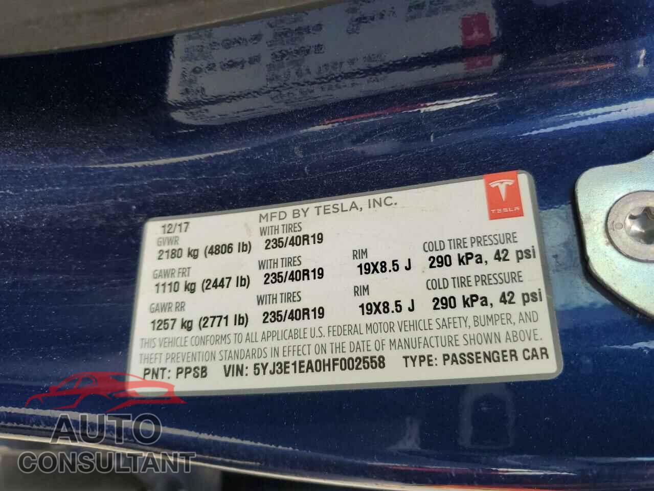 TESLA MODEL 3 2017 - 5YJ3E1EA0HF002558