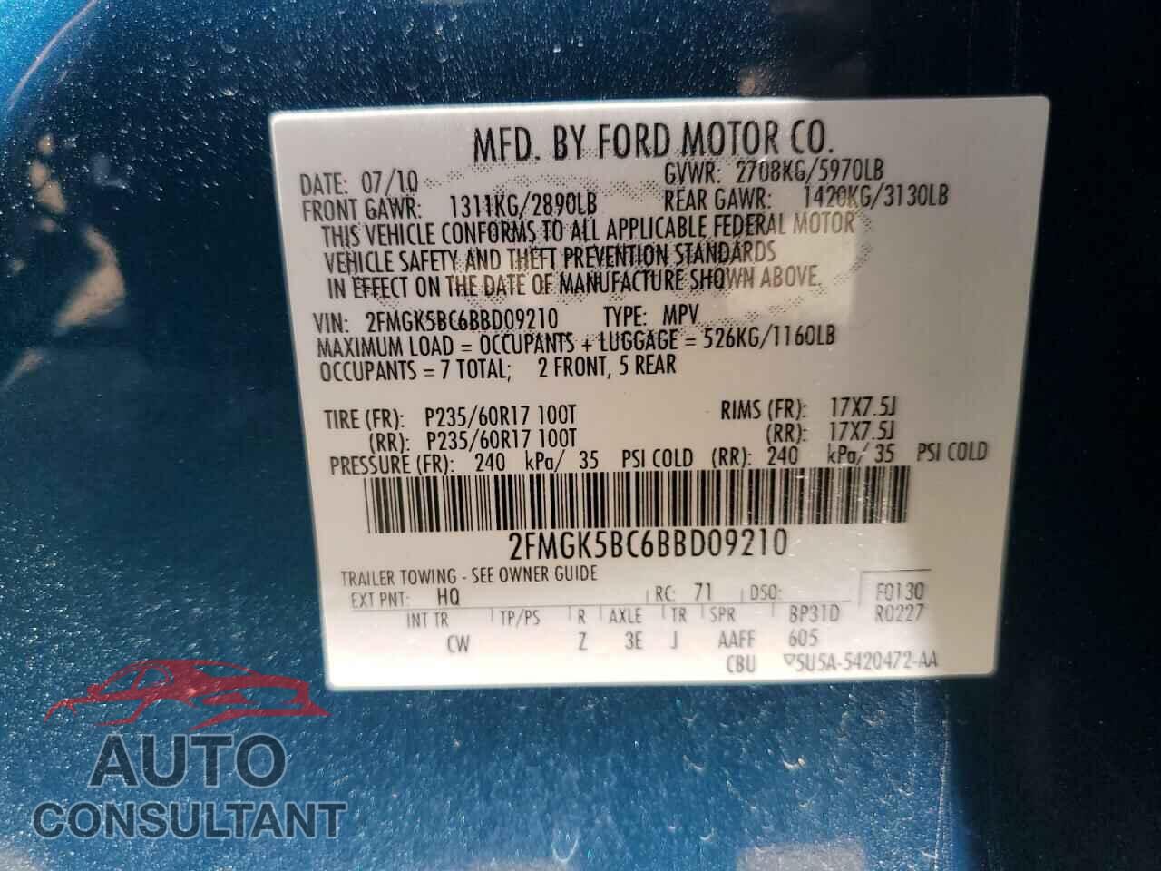 FORD FLEX 2011 - 2FMGK5BC6BBD09210