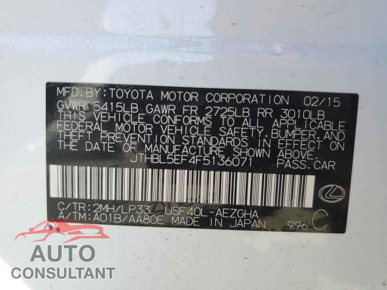 LEXUS LS460 2015 - JTHBL5EF4F5136071