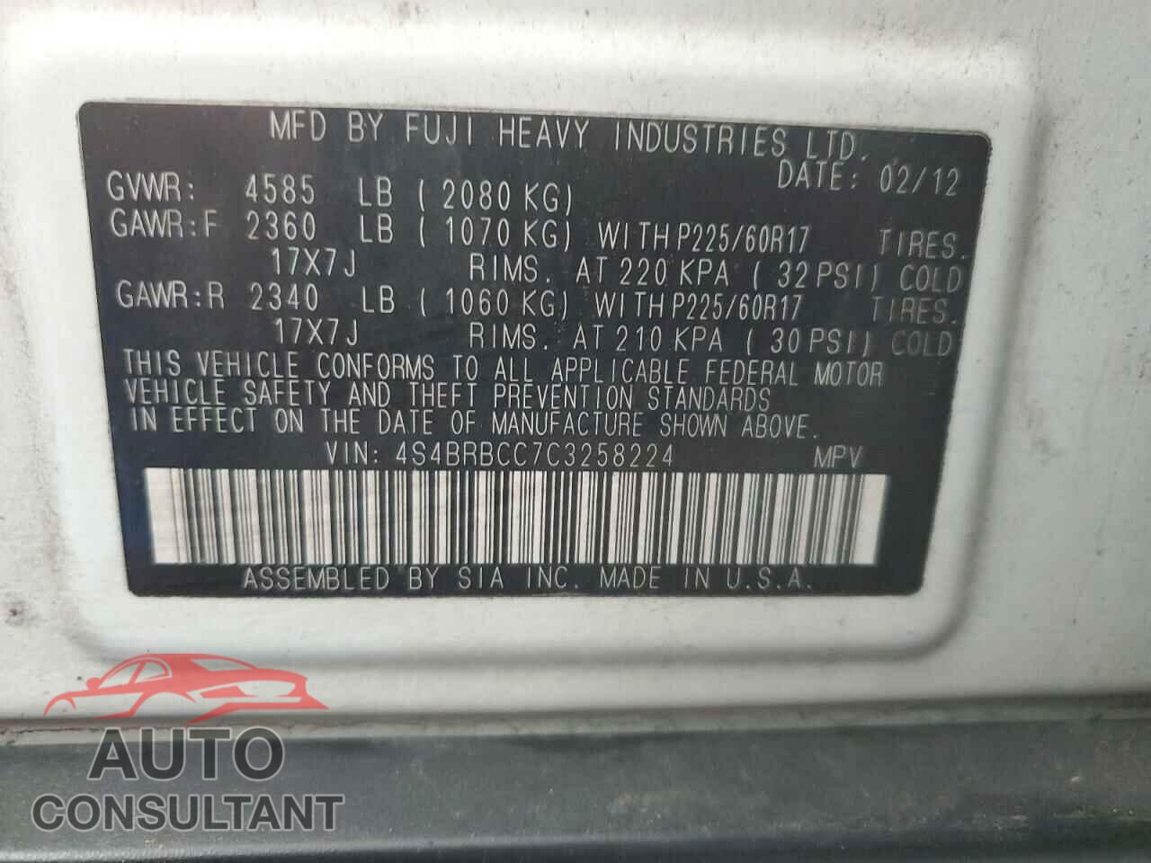 SUBARU OUTBACK 2012 - 4S4BRBCC7C3258224