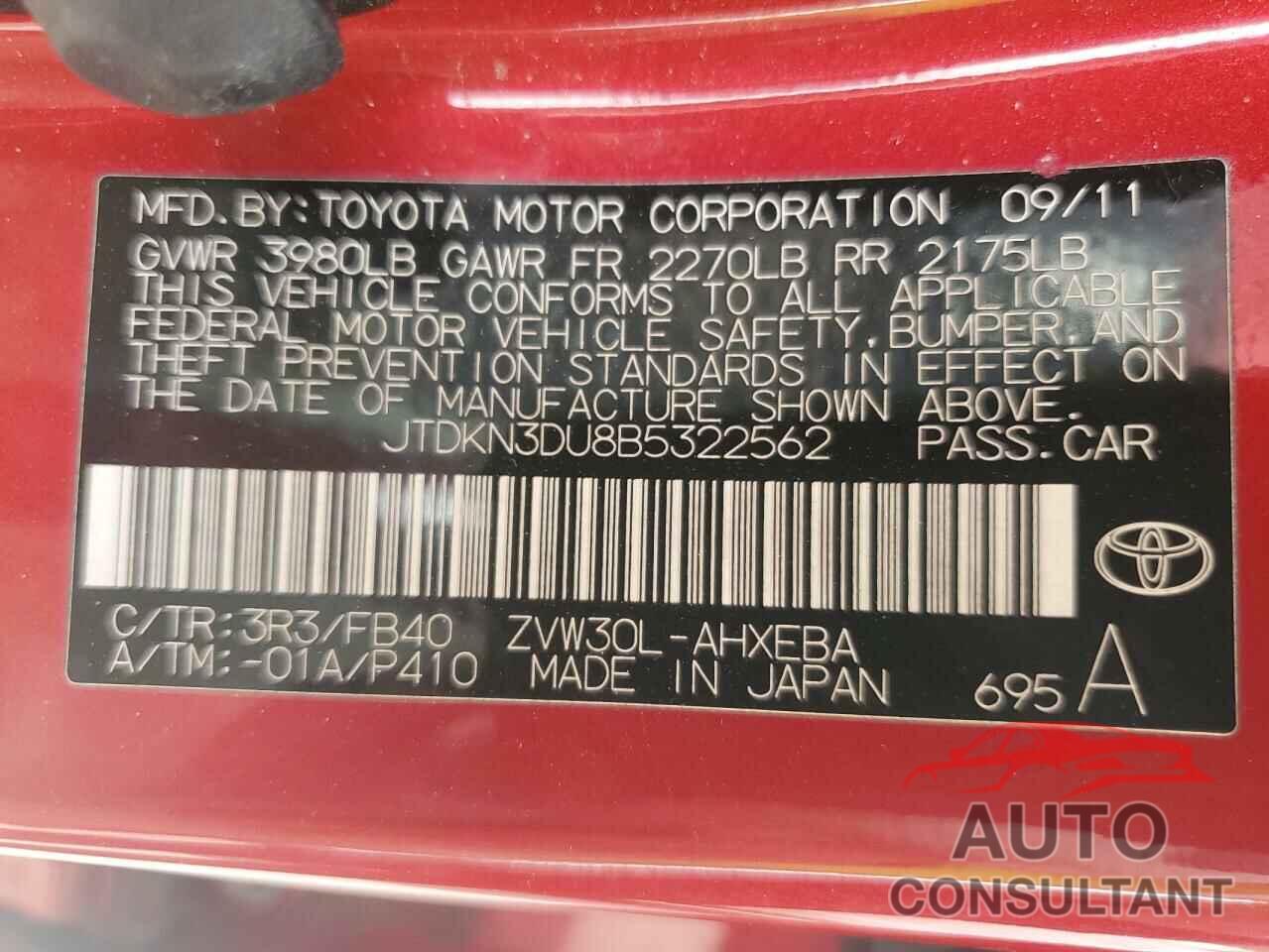 TOYOTA PRIUS 2011 - JTDKN3DU8B5322562