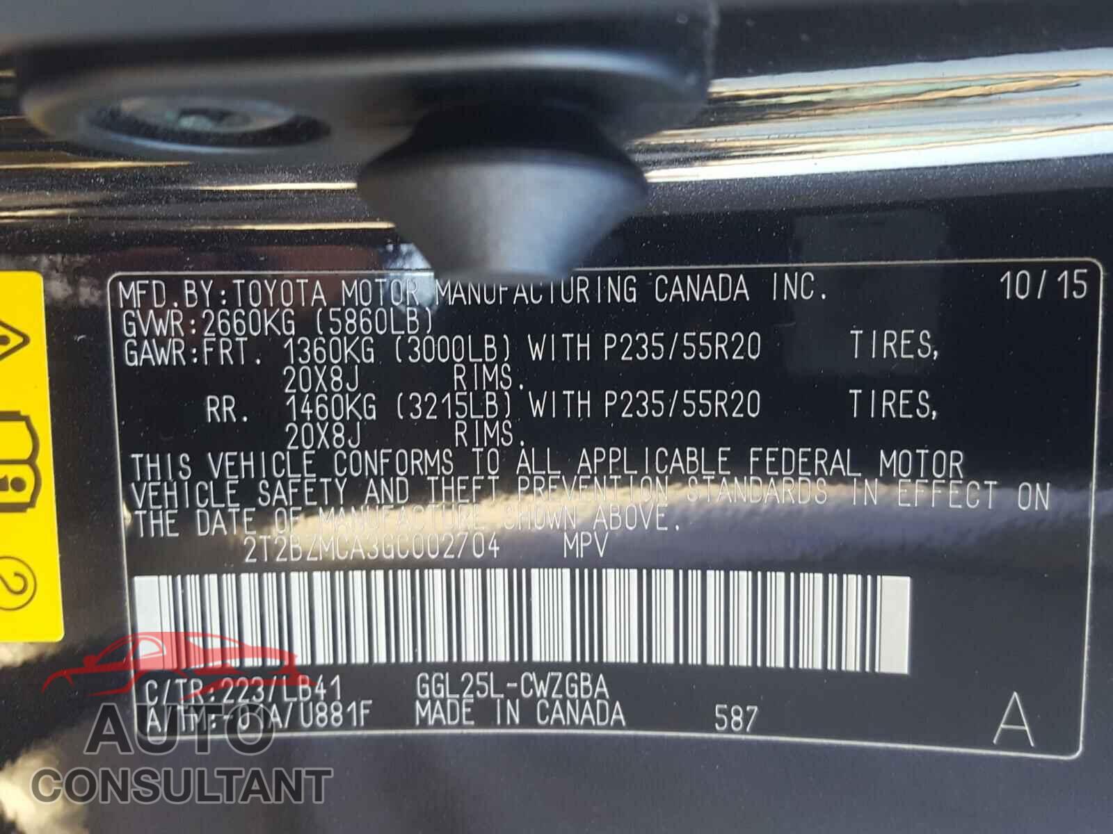 LEXUS RX 350 BAS 2016 - 2T2BZMCA3GC002704