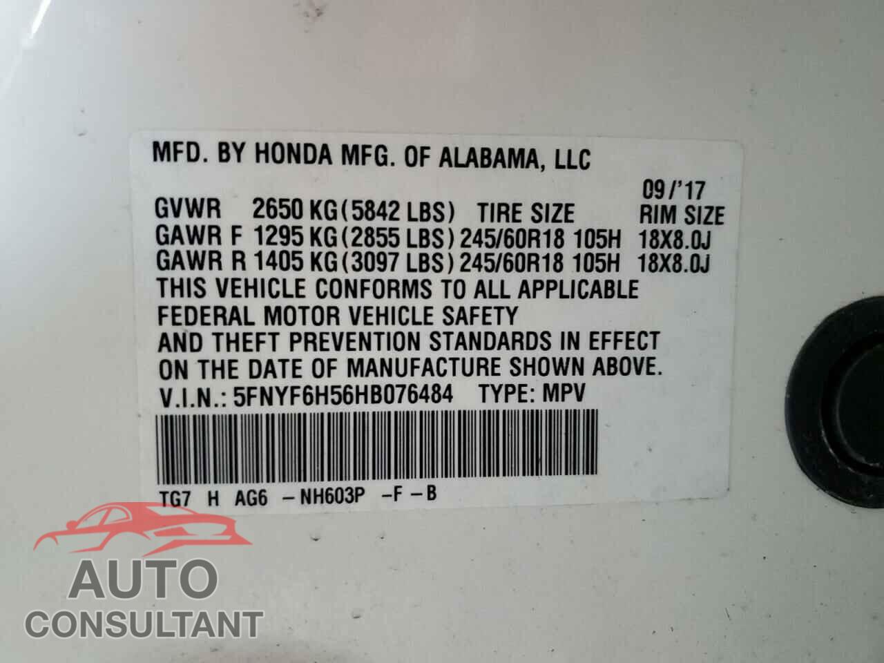 HONDA PILOT 2017 - 5FNYF6H56HB076484