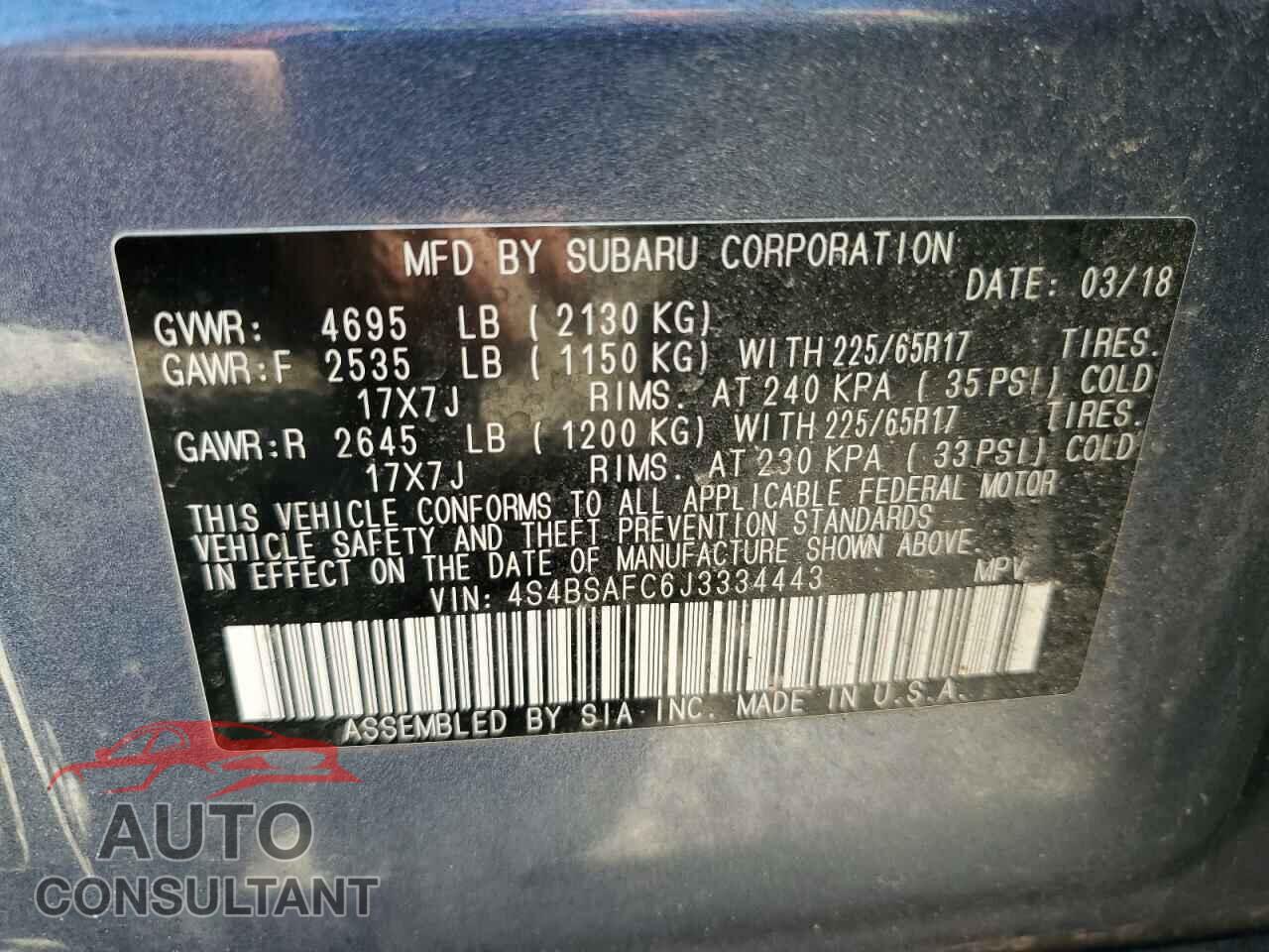 SUBARU OUTBACK 2018 - 4S4BSAFC6J3334443
