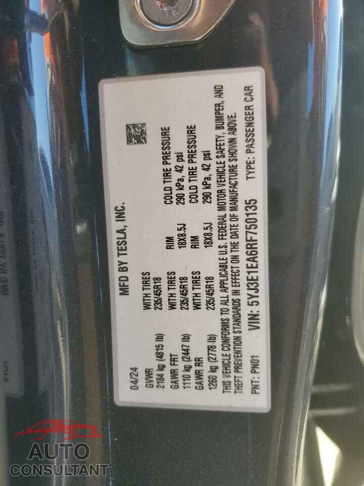 TESLA MODEL 3 2024 - 5YJ3E1EA6RF750135