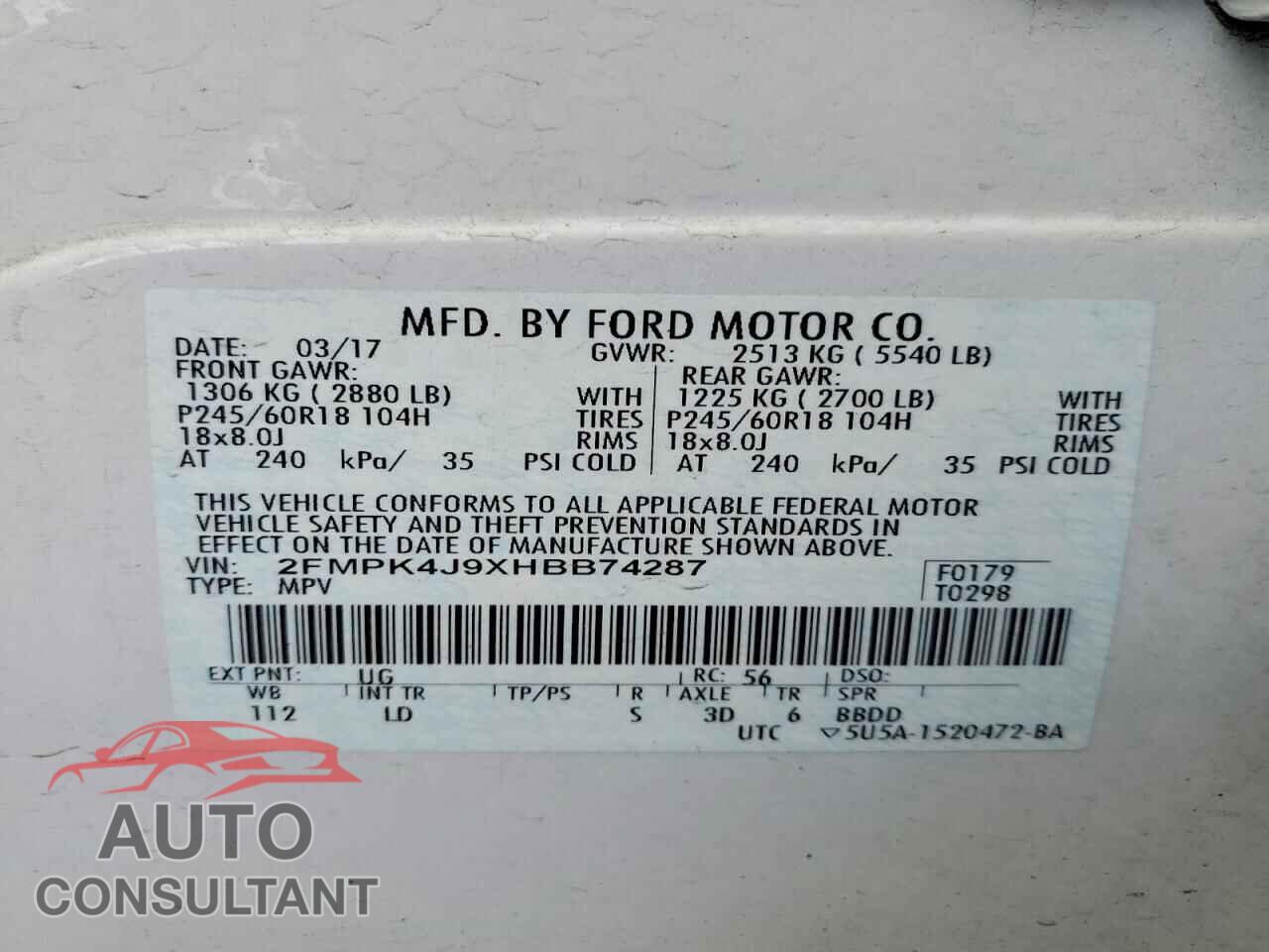 FORD EDGE 2017 - 2FMPK4J9XHBB74287