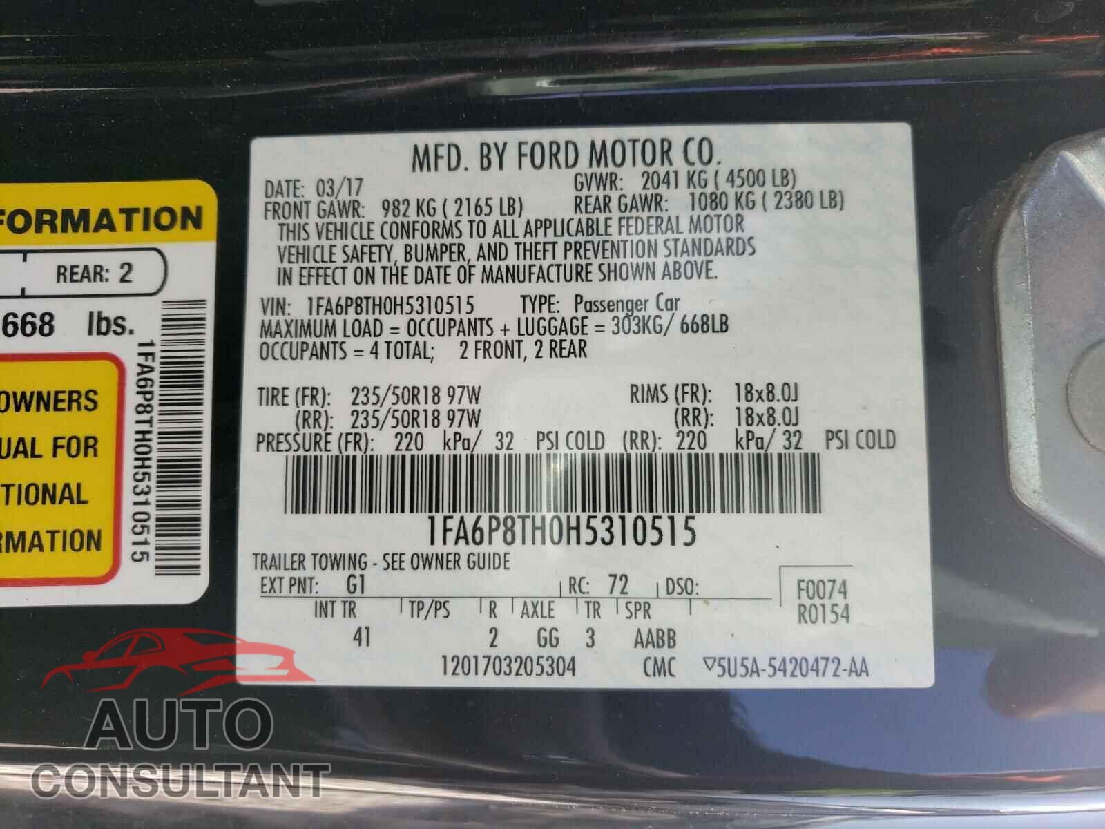 FORD MUSTANG 2017 - 1FA6P8TH0H5310515
