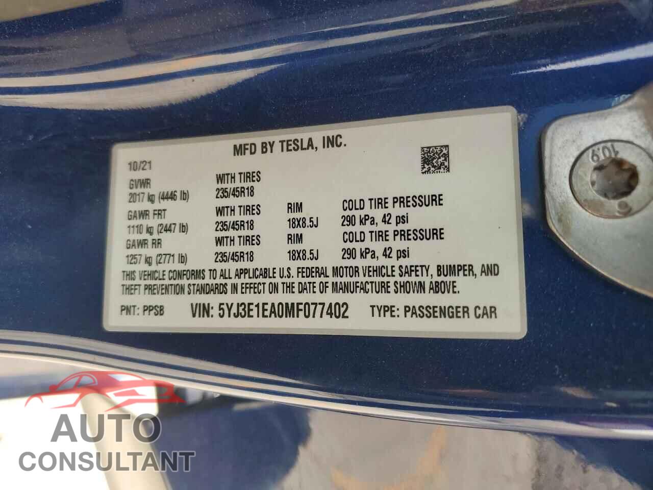 TESLA MODEL 3 2021 - 5YJ3E1EA0MF077402