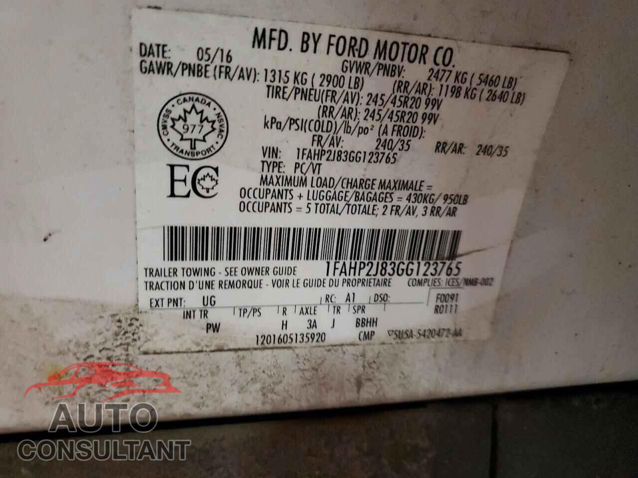 FORD TAURUS 2016 - 1FAHP2J83GG123765