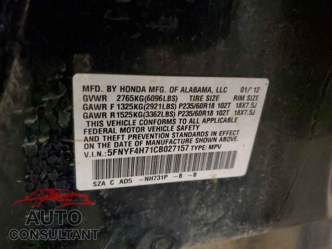 HONDA PILOT 2012 - 5FNYF4H71CB027157