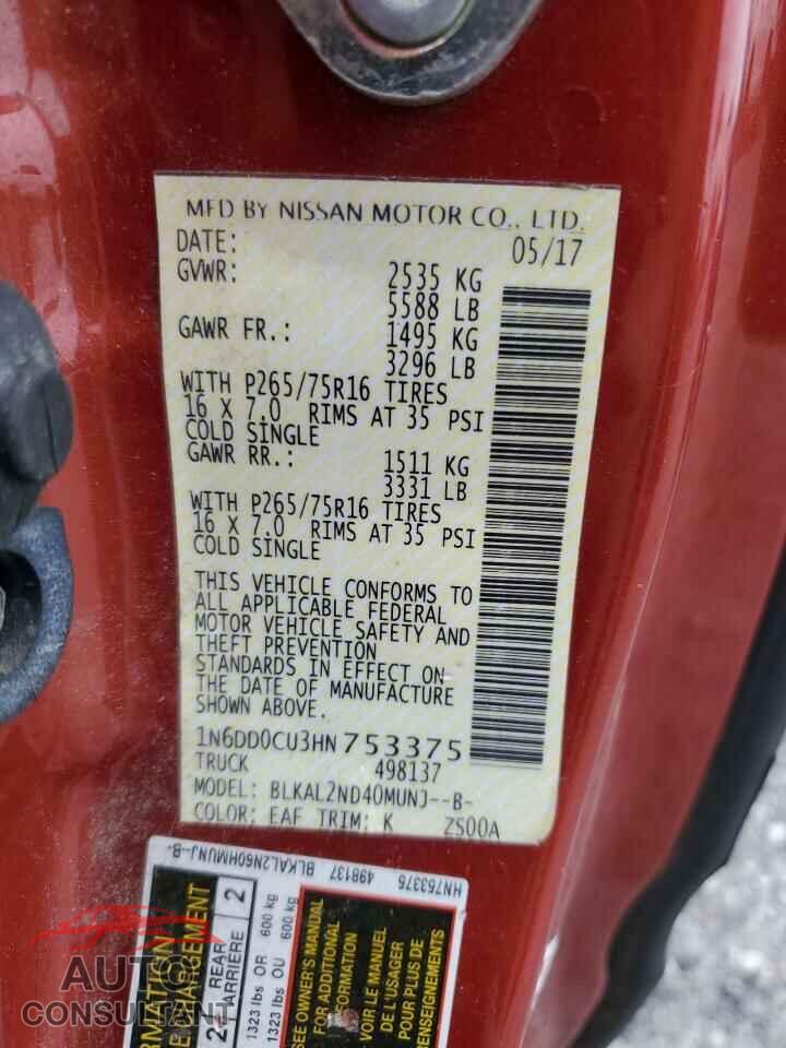 NISSAN FRONTIER 2017 - 1N6DD0CU3HN753375