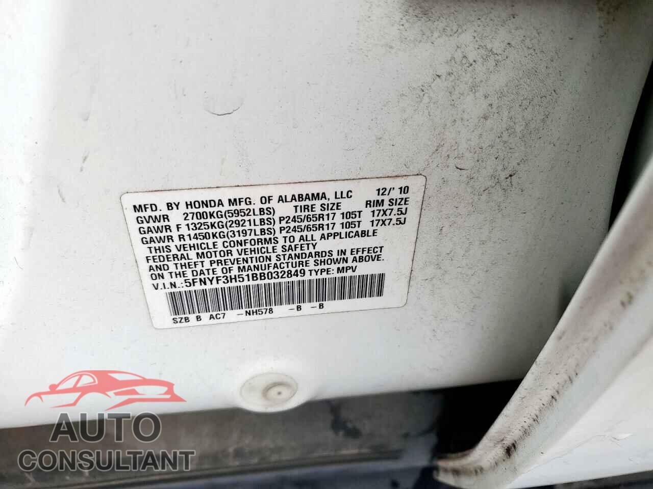 HONDA PILOT 2011 - 5FNYF3H51BB032849