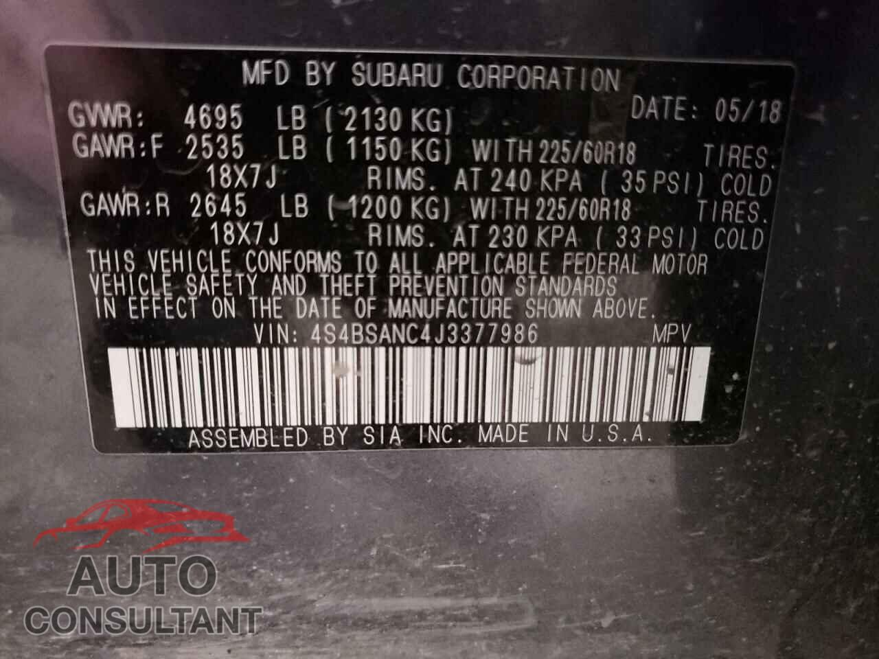 SUBARU OUTBACK 2018 - 4S4BSANC4J3377986