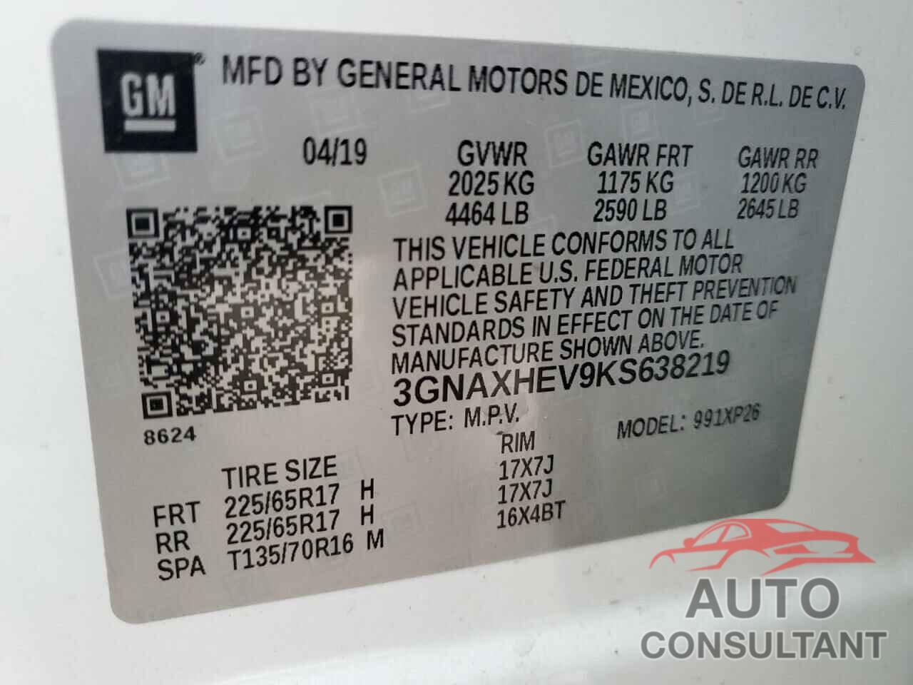 CHEVROLET EQUINOX 2019 - 3GNAXHEV9KS638219