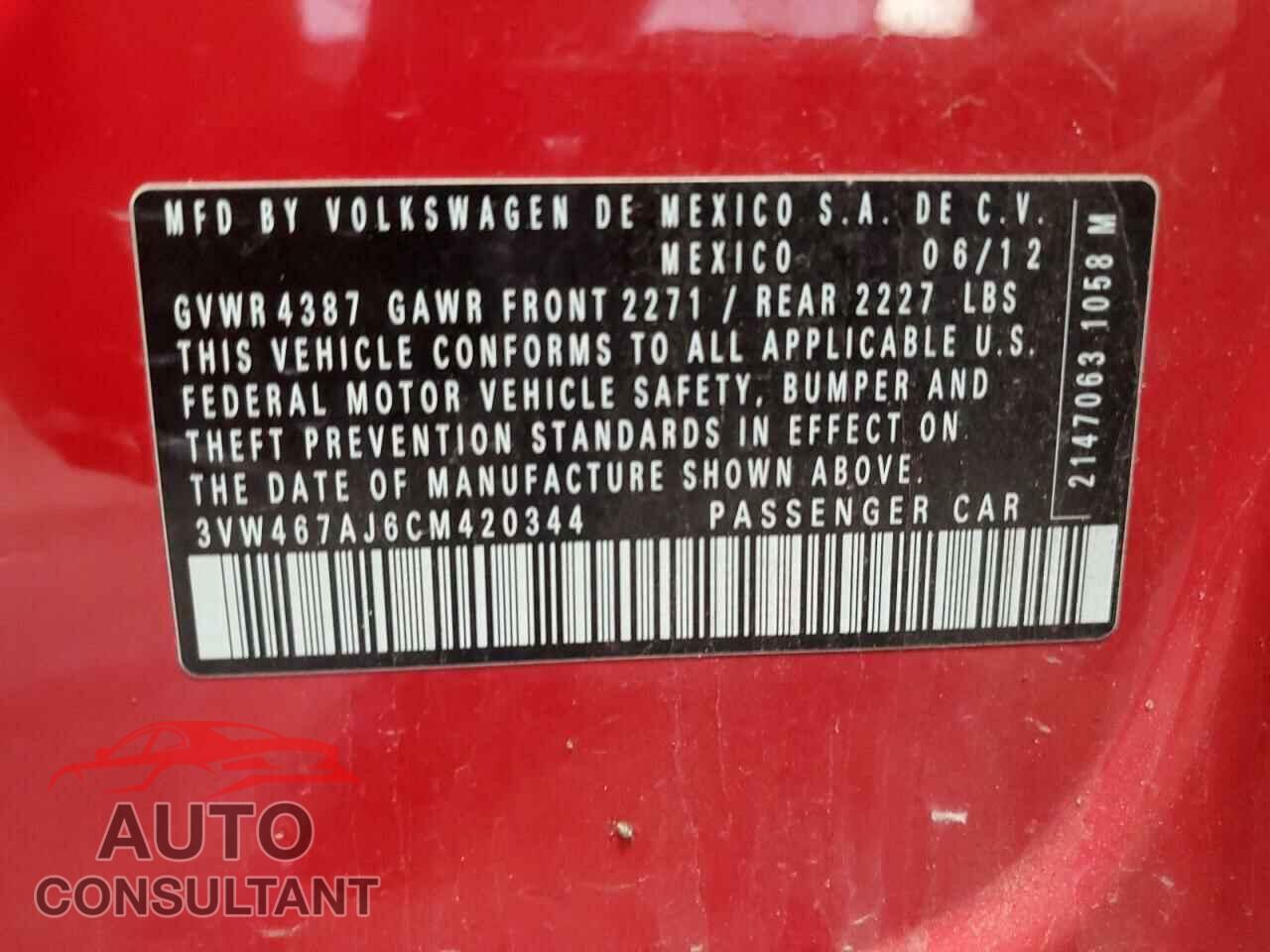 VOLKSWAGEN JETTA 2012 - 3VW467AJ6CM420344