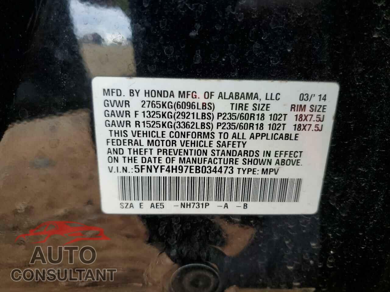 HONDA PILOT 2014 - 5FNYF4H97EB034473