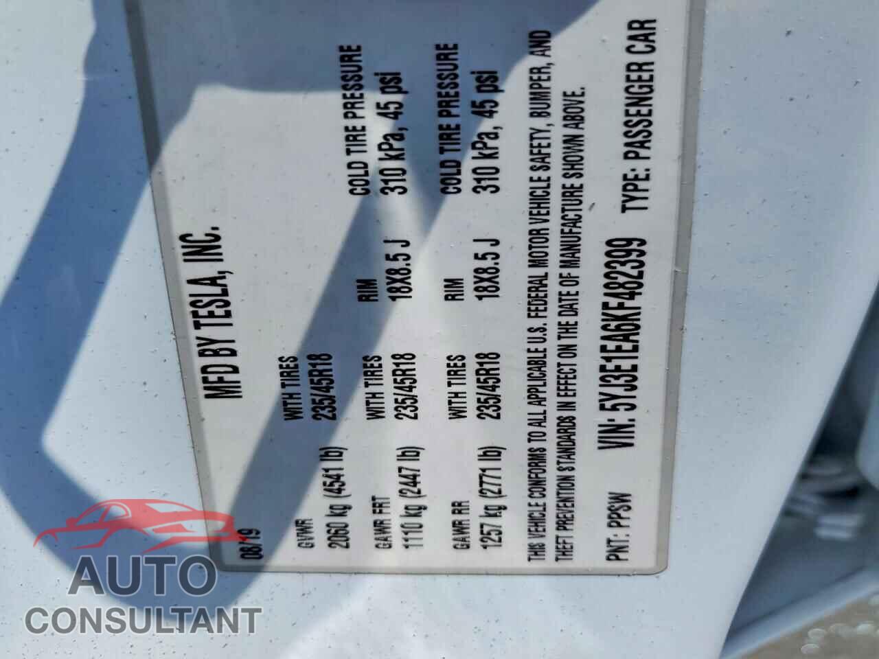 TESLA MODEL 3 2019 - 5YJ3E1EA6KF482399