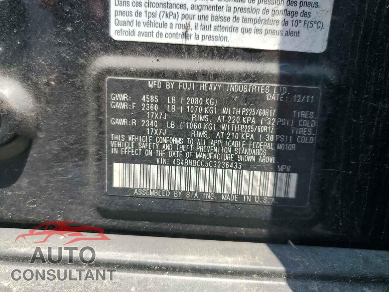 SUBARU OUTBACK 2012 - 4S4BRBCC5C3236433