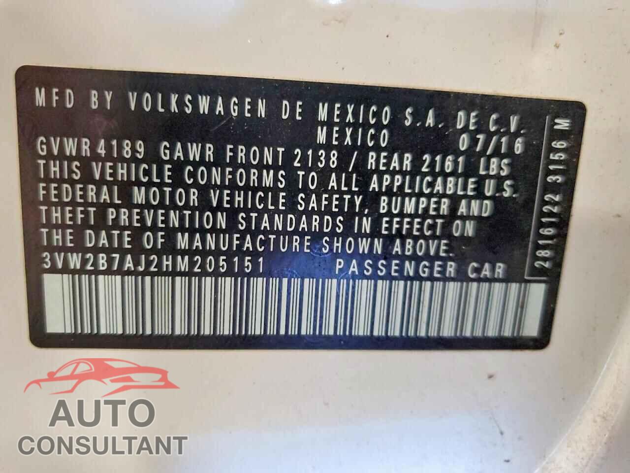 VOLKSWAGEN JETTA 2017 - 3VW2B7AJ2HM205151