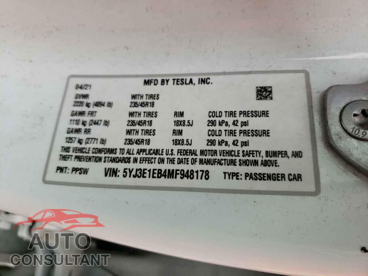 TESLA MODEL 3 2021 - 5YJ3E1EB4MF948178