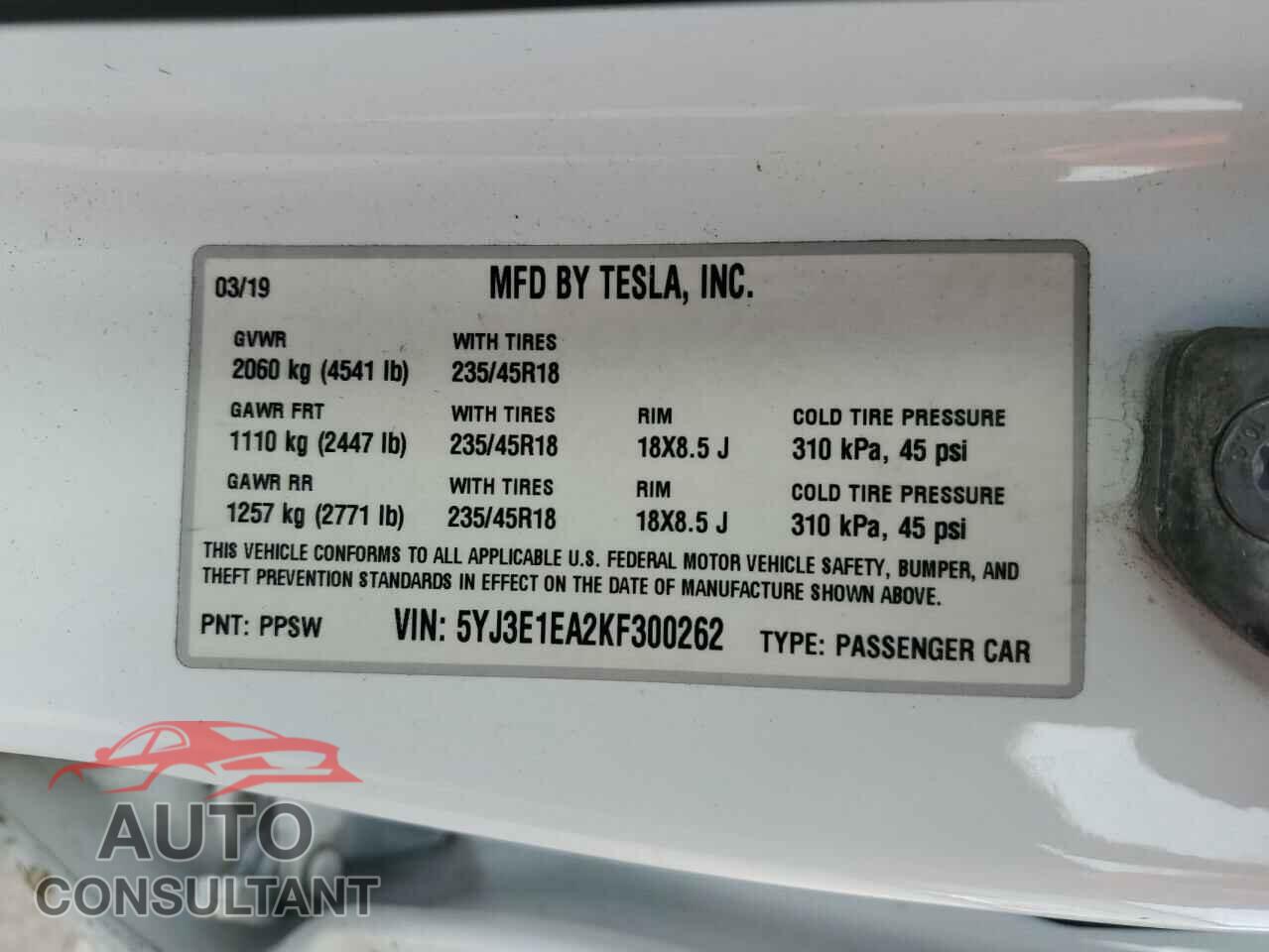TESLA MODEL 3 2019 - 5YJ3E1EA2KF300262