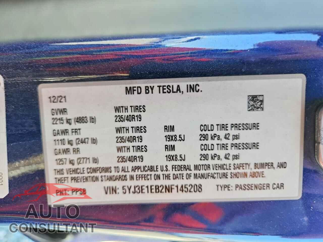 TESLA MODEL 3 2022 - 5YJ3E1EB2NF145208