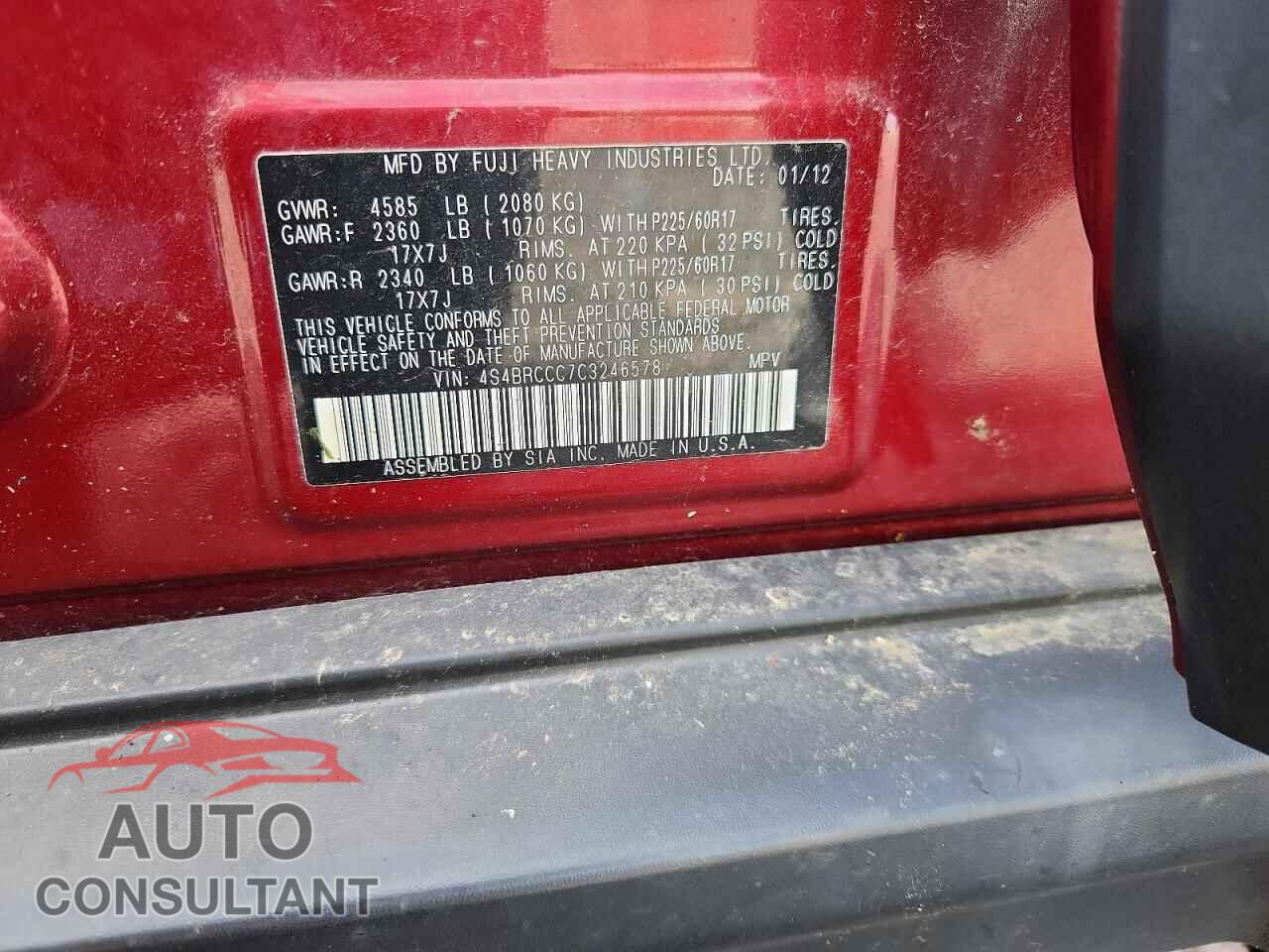 SUBARU OUTBACK 2012 - 4S4BRCCC7C3246578