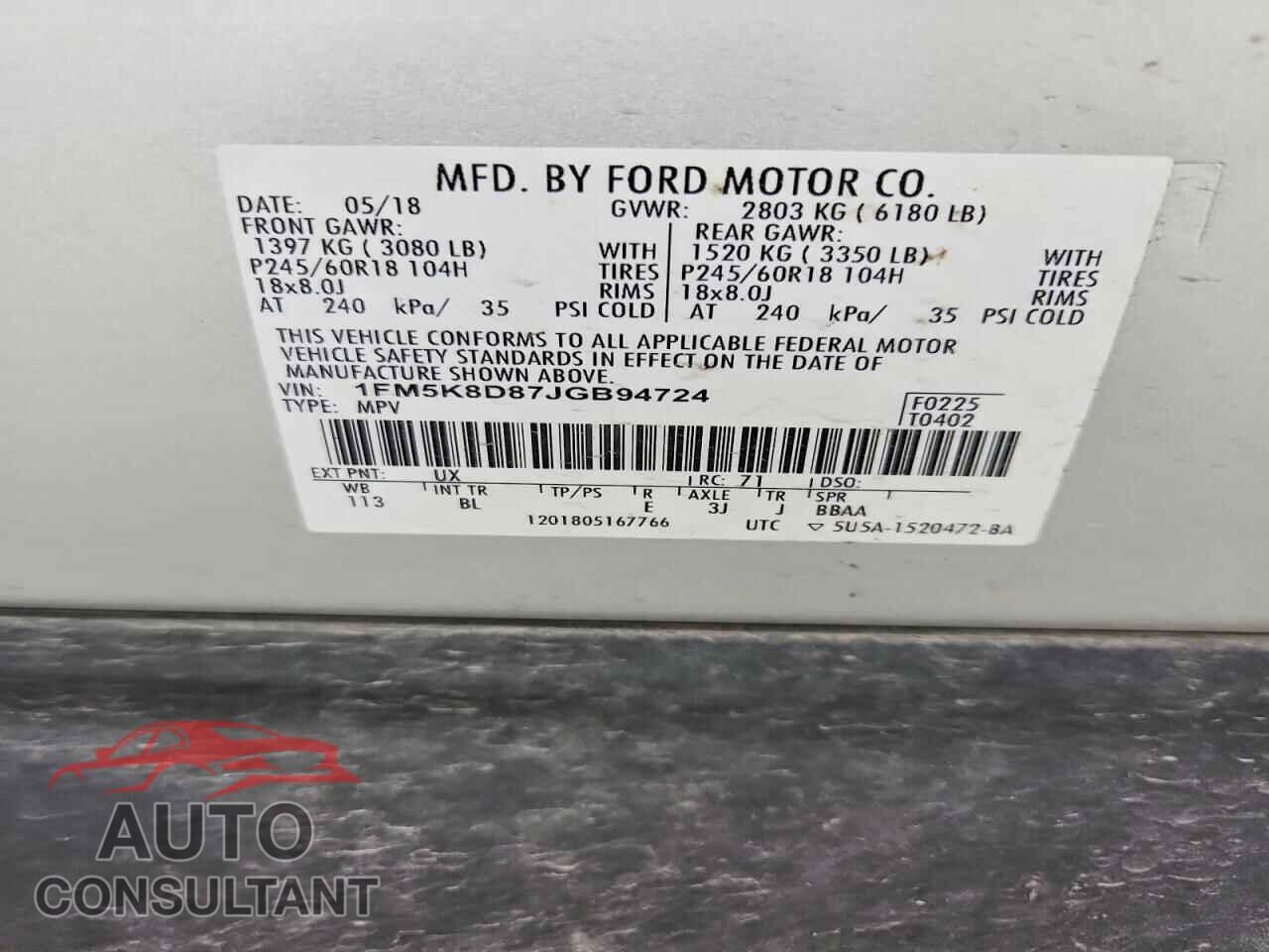 FORD EXPLORER 2018 - 1FM5K8D87JGB94724