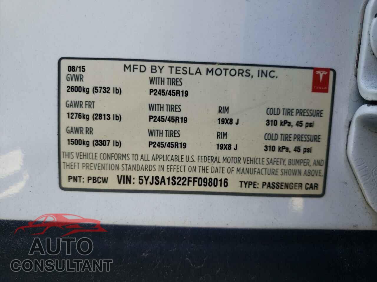 TESLA MODEL S 2015 - 5YJSA1S22FF098016