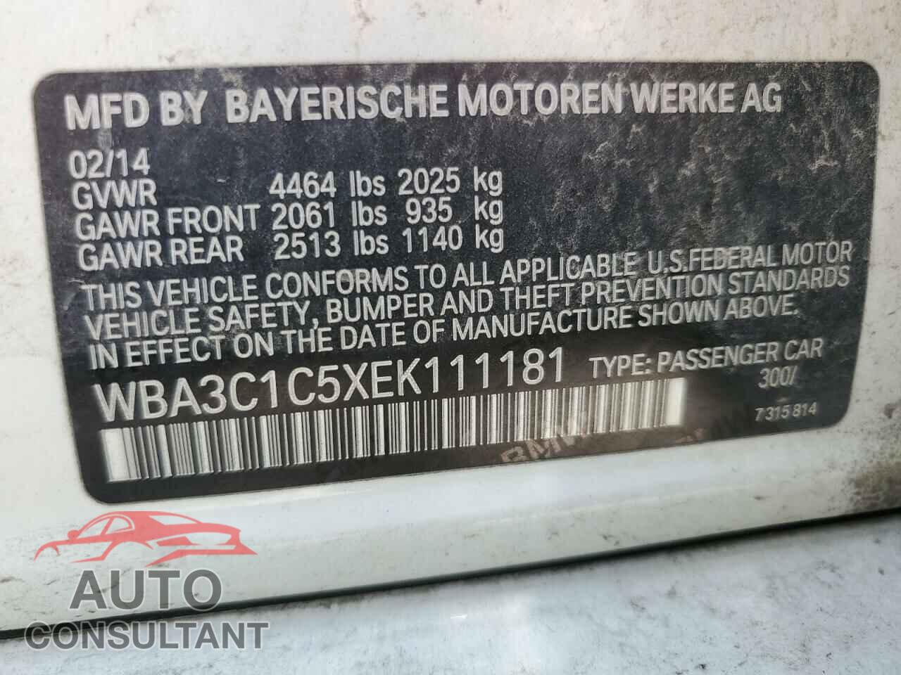 BMW 3 SERIES 2014 - WBA3C1C5XEK111181
