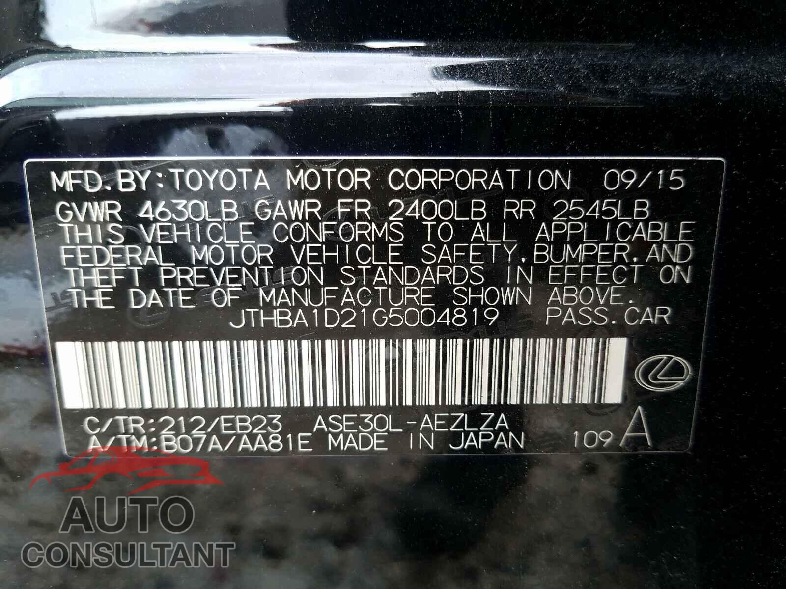 LEXUS IS 2016 - JTHBA1D21G5004819