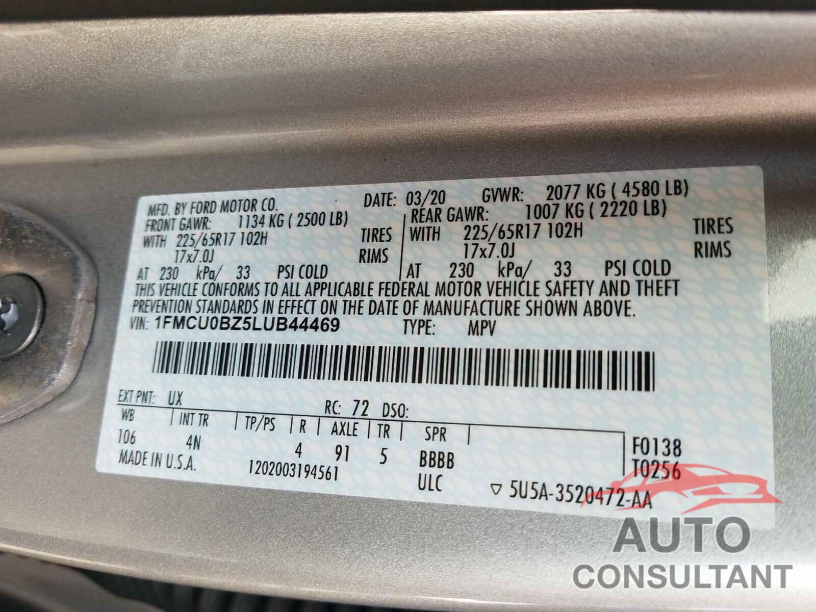 FORD ESCAPE 2020 - 1FMCU0BZ5LUB44469