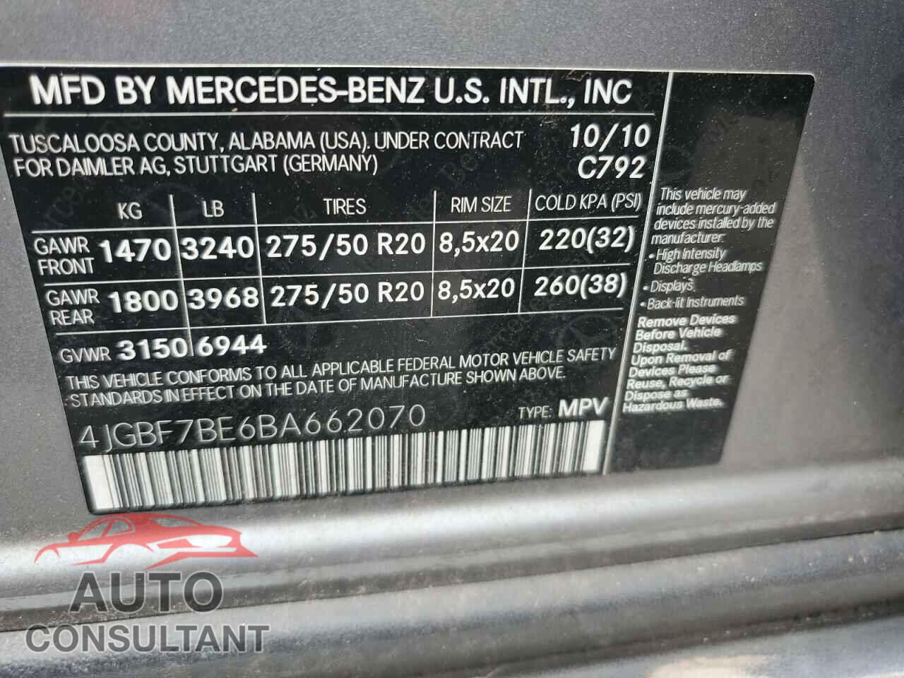 MERCEDES-BENZ GL-CLASS 2011 - 4JGBF7BE6BA662070