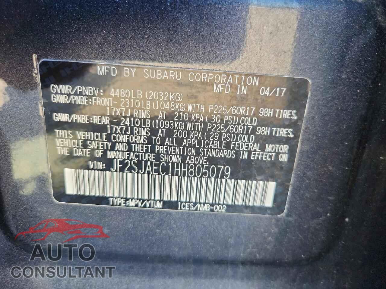 SUBARU FORESTER 2017 - JF2SJAEC1HH805079